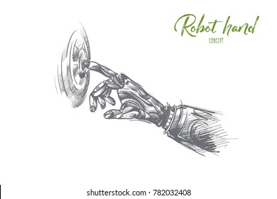 Robot hand concept. Hand drawn robot's hand is pushing the button. Artificial intelligence working isolated vector illustration.