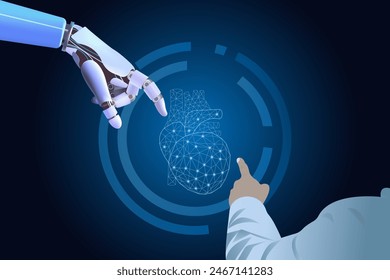 Robot hand and doctor artificial intelligence AI assistance in medical practice.   Innovative technologies in science, medical healthcare