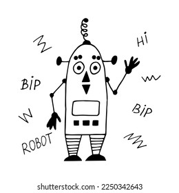 robot hand drawn in doodle style. cartoon character for kids room decor and clothes.