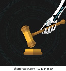 Robot hand with equality scale sign on wrist and judge hammer. Humanoid holding gavel, artificial intelligence justice and machine learning judgment concept. Flat vector illustration.