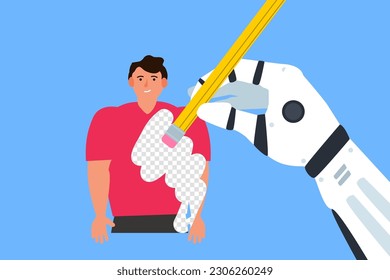 robot hand with eraser remove man danger of artificial intelligence concept vector illustration