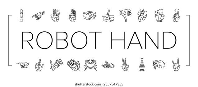 robot hand gesture ai digital icons set vector. future intelligence, technology holding, money artificial arm finger screen machine robot hand gesture ai digital black contour illustrations