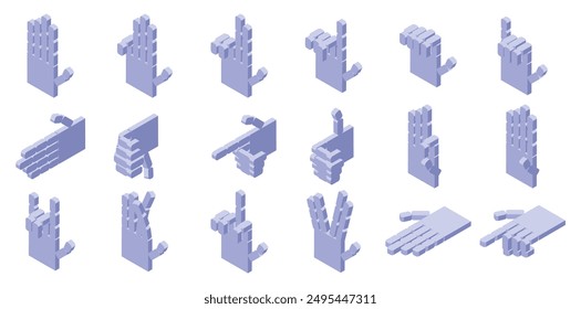 Robot hand gestures icons set. Set of pixel art hands making different gestures isometric icons on white background