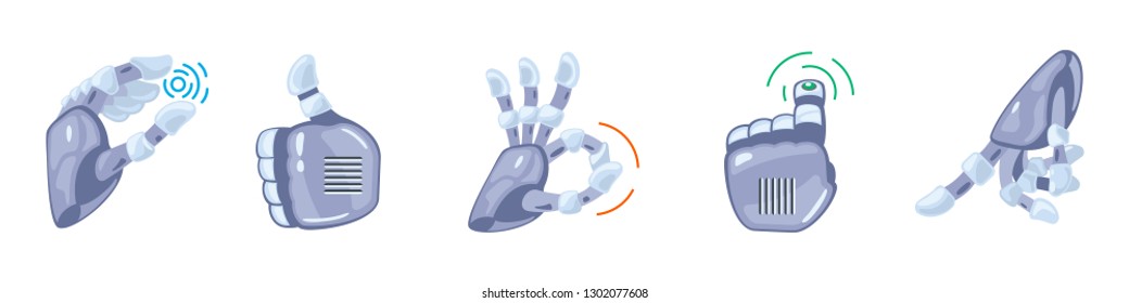 Robot hand gestures. Robotic hands. Mechanical technology machine engineering symbol. Hand gestures set. Futuristic design.   