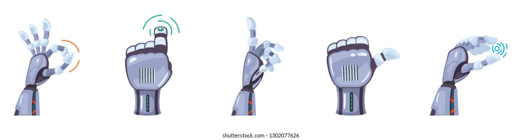 Robot hand gestures. Robotic hands. Mechanical technology machine engineering symbol. Hand gestures set. Futuristic design.  