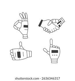 Robot Hand Gestures Set. Doodle Cyborg Gesturing Collection with various finger signs. Pointing OK Thumb Up and Handshake. Vector illustration