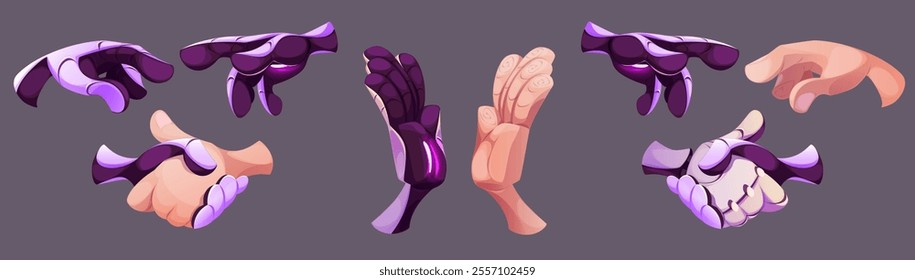 Robot hand gestures set showing various mechanical movements and positions. Metal purple android robotic and human palm in handshake, high five and index finger touch poses for ai cooperation design.