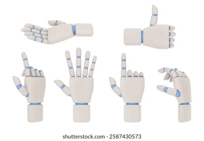 Robot hand gesturing, isolated set of gestures. Vector realistic prostheses made of innovative materials. Thumb up and touching, reach to take or give. Press or ask, bionic or robot hands