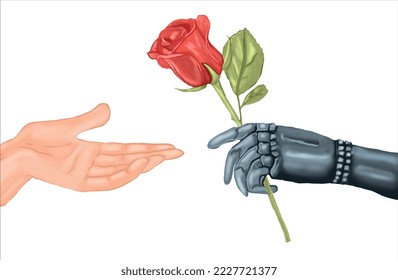 Robot hand giving rose to human hand. Technology and human harmony. Vector art, caricature
