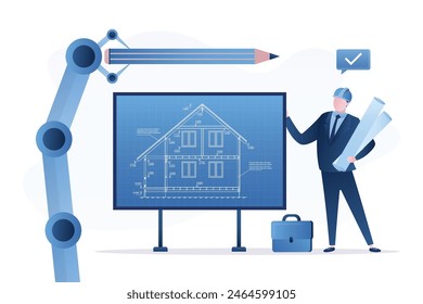 Robot ayuda a mano arquitecto dibujando Plan de casa. Ingeniero presentando el Plan de planos. App o chat bot para bocetos de construcción, esqueleto industrial de estructura y dimensiones. Casa de dos pisos.