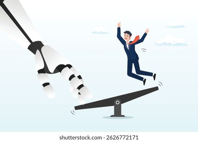 Robot hand help businessman jump on seesaw, Artificial intelligence to support and help business success, AI automation tech, innovation boost employee development, assistant for improvement concept - Powered by Shutterstock - Get 15% off with code: PIKWIZARD15