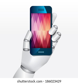 robot hand hold smartphone design vector illustration concept.
