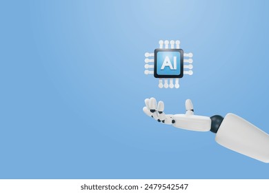 Robot de la mano que sostiene el circuito inteligente AI. Inteligencia artificial, revolución tecnológica y desarrollo, aprendizaje automático. Implantación de la ciencia robótica y la investigación cibernética. Vector 3D.