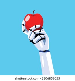 Robot hand is holding an apple. Concept of machine learning. Artificial Intelligence. Vector illustration