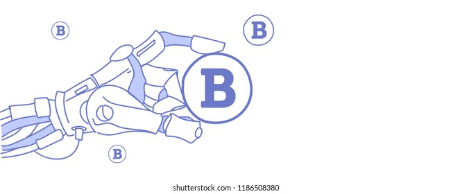 robot hand holding bitcoin mining virtual assistance crypto currency concept artificial intelligence sketch doodle horizontal vector illustration