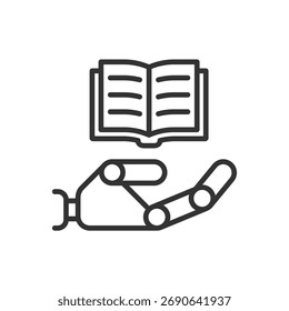 mão robô segurando símbolo de ícone de clip art livro, conceito de aprendizagem de máquina ai, ilustração vetor linha fina isolada