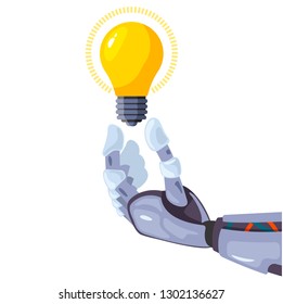 Robot hand holding a bulb on a conceptual idea technology. Artificial Intelligence futuristic design concept. White background.
