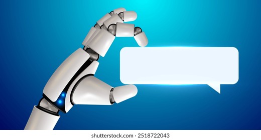Robot hand holding chat bubble. Chat bot. Technology, machine learning, neural network, LLM, Artificial Intelligence, AI. Vector illustration