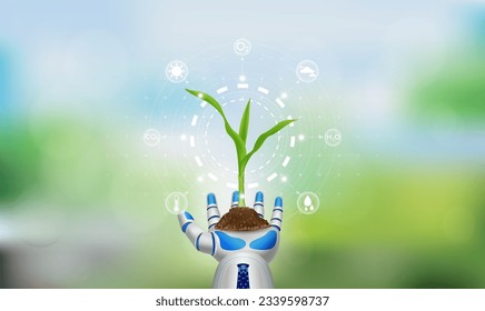 Robot hand holding corn sprouts from ground. Have biotechnology icon about minerals analysis data of smart farm. Applying AI artificial intelligence technology in cultivation agriculture industry.