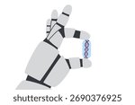 Robot hand holding DNA capsule isolated on white background. AI and genetic technology concept. Vector flat clipart.
