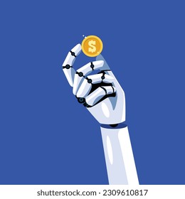 Robot hand is holding dollar coin. Artificial Intelligence. Vector illustration