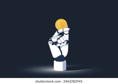 Robot hand holding dollar coin,vector illustration of the artificial intelligence or Ai modern technology and financial empowerment.
