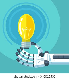 Robot Hand Holding Light Bulb. Vector Flat Illustration