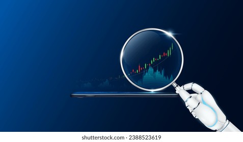 Robot hand holding magnifying glass looking chart stock market on smartphone. Analysis candlestick with AI artificial intelligence technology. Financial investment business concept. Vector.