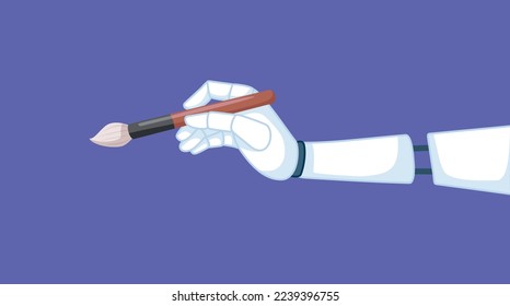 
Robot Hand Holding a Painting Brush in Ai Art Concept Illustration. Automation of the creative field of painting and drawing 
