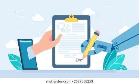 Robot hand holding pen signature document signing up contract in mobile phone app, humanoid sign agreement. Artificial intelligence digital futuristic technology concept. Vector illustration