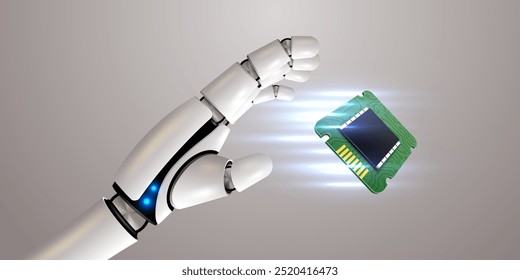 Processador de mão robô segurando. Tecnologia, aprendizagem de máquina, rede neural, Inteligência Artificial, IA Ilustração vetorial