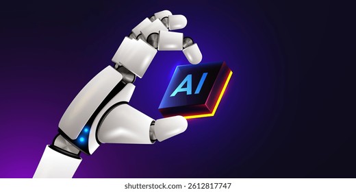 Robot hand holding processor. Technology, machine learning, neural network, Artificial Intelligence, AI. Vector illustration