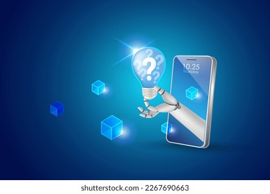 Mano robot sostiene preguntas con luz creativa en un teléfono inteligente. El sistema de tecnología inteligente de IA genera una solución creativa y la comunicación inteligente con la gente. vector 3D.