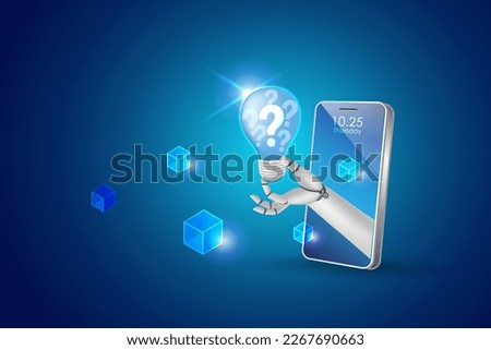 Robot hand holding questions in creative light bulb on smart phone. AI smart technology system generate creative solution and smart communicate to people. 3D vector.