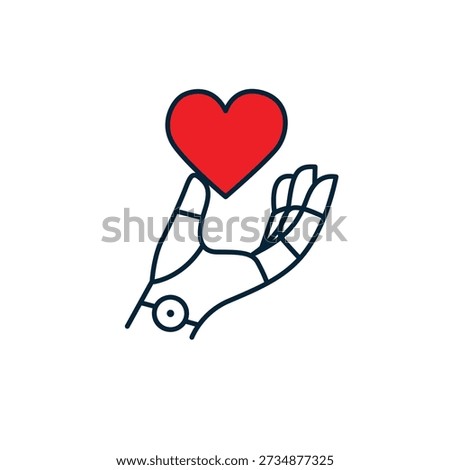 Robot Hand Holding a Red Heart Icon Representing Artificial Intelligence Empathy, Care, and Digital Health Technology Vector Illustration