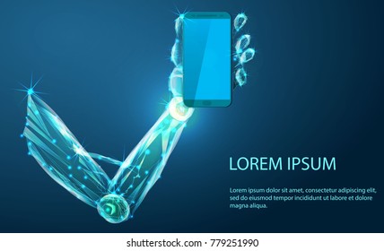 Robot hand holding screen mobile phone. Illustration can be used for artificial intelligence business banner design. Technological concept. Banner. Low poly vector illustration of a starry sky or Cosm