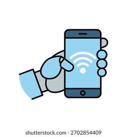 Mão robô segurando smartphone exibindo ícone de sinal de conexão sem fio à Internet.
