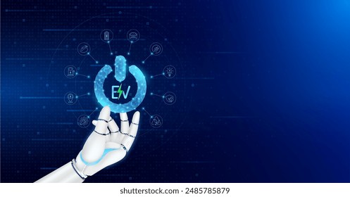 Robot hand holding start button electric car. EV Electric vehicle charging station clean energy alternative. Battery electric charger icon surround. Environment nature energy technology. Vector.