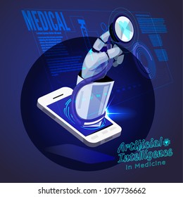 robot hand holding stethoscope checking medical interface. artificial intellifent in medicine concept - vector illustration