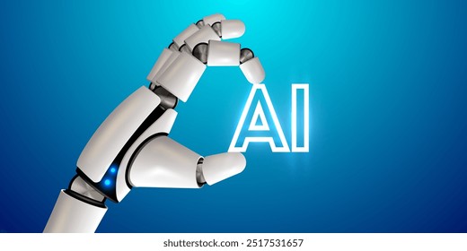 Robot hand holding the word AI. Technology, machine learning, neural network, Artificial Intelligence, AI. Vector illustration