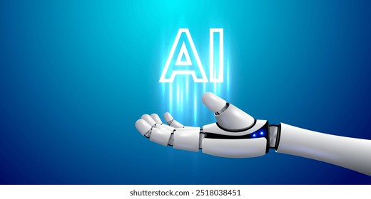 Robot hand holding the word AI. Technology, machine learning, neural network, Artificial Intelligence, AI. Vector illustration