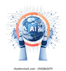 Robot Hand Holding World with Artificial Intelligence Ai Chip on Electronic Circuit Board. Artificial Intelligence Technology and Machine Learning Concept.