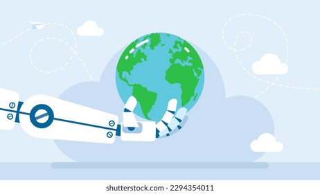 Robot hand holding the world or planet earth. Ai or Artificial Intelligence concept. The power of artificial intelligence on a global scale. Robot holds a planet in his hand. Flat Vector illustration