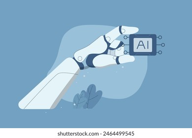 Robot hand holds artificial intelligence chip, AI, Cybernetic technology concept, Technology helps research important information and generate ideas to support business success. Vector illustration.