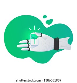 A robot hand holds a battery with a green sprout. Green eco-friendly energy illustration of environmental care