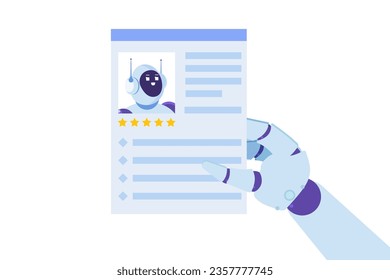 Robot hand holds CV, resume. Robot replace people at work  concept. Vector illustrations.