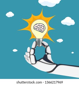 Robot hand holds a light bulb with a human brain. Vector illustration.