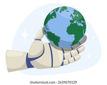 Robot hand holds planet. Earth in robotic arms. Impact artificial intelligence. Global AI technology. Worldwide progress innovation. Globe on cyborg palm. World
