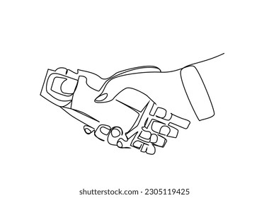 robot hand and human hand deal handshake future tense business line art