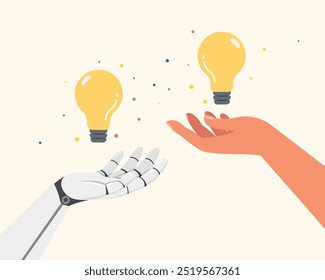 Robot hand and human hand holding bulb. Human and AI Working Together, Business industry robot factory concept. 